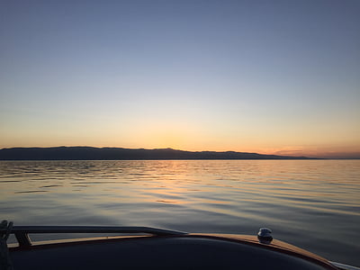 boat, calm, horizon, lake, sailing, sea, sunrise