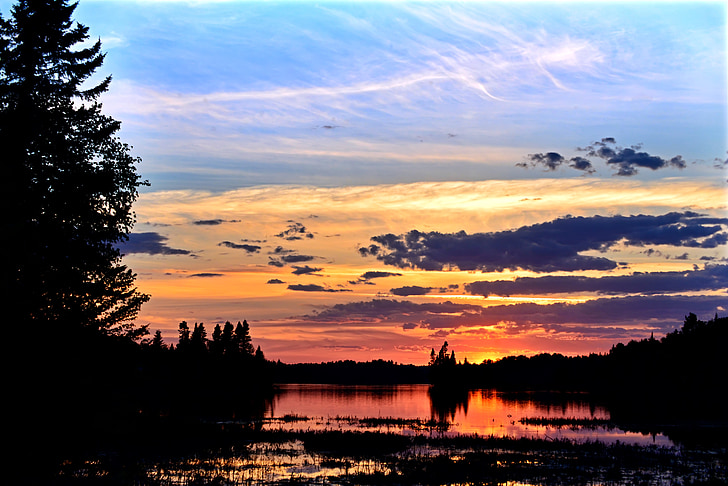 naplemente, színek, tó, természet, fák, felhők, nyugodt