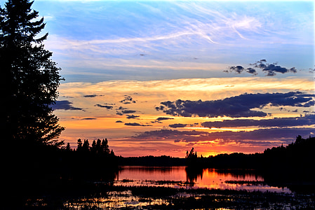 sunset, colors, lake, nature, trees, clouds, calm