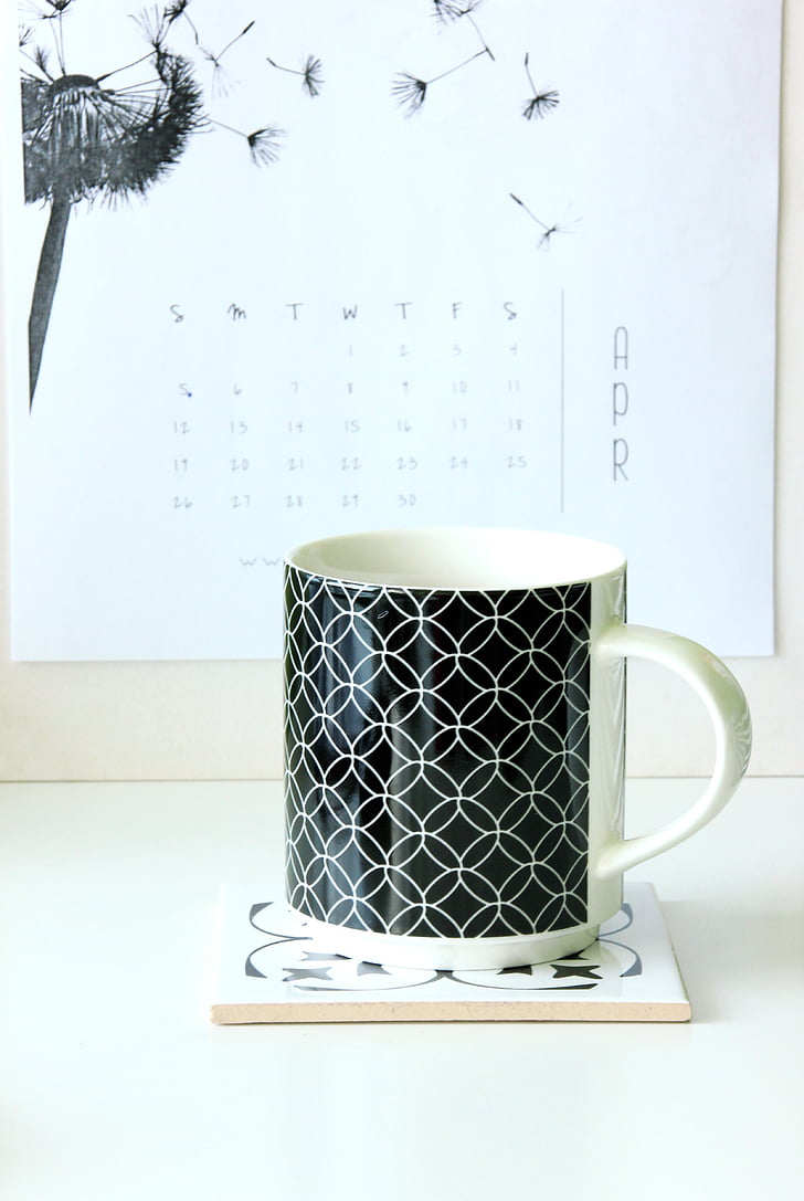 puodelis, darbo stalas, kalendorius, kavos, gėrimas, balta