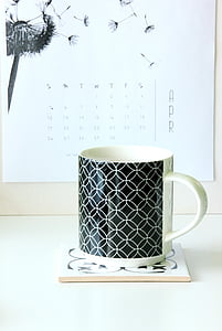 krus, skrivebord, Kalender, kaffe, drikke, hvit