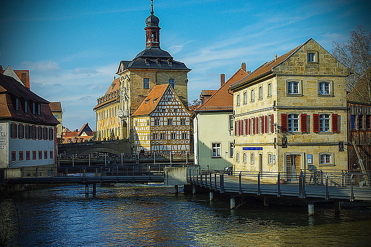 Bamberg, vedere la oraş, Râul, Podul, Biserica, natura, Bavaria