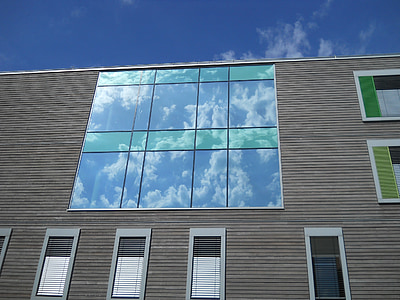 spiegelbeeld, hemel, gebouw, reflecties, het platform, moderne, glas