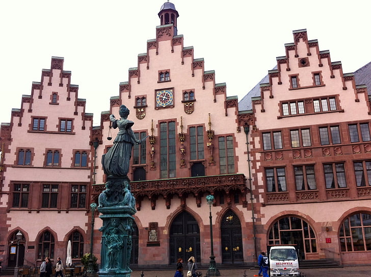 römerberg, town hall, frankfurt, architecture, famous Place, statue, europe