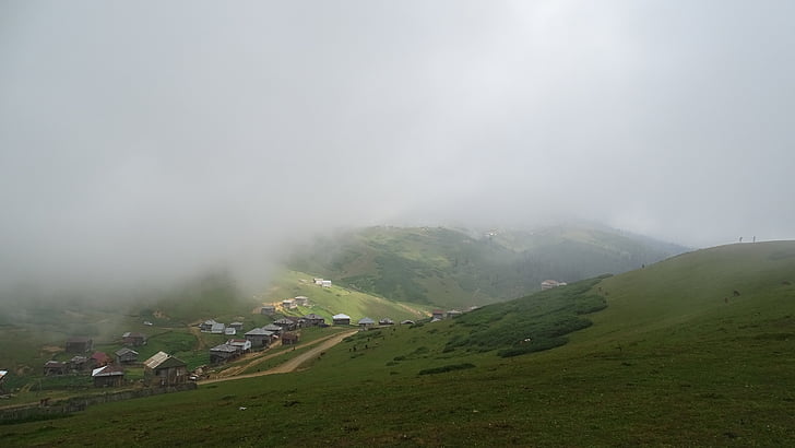 montagne, nebbia, Cottage, Villaggio, campagna, verde, montagna
