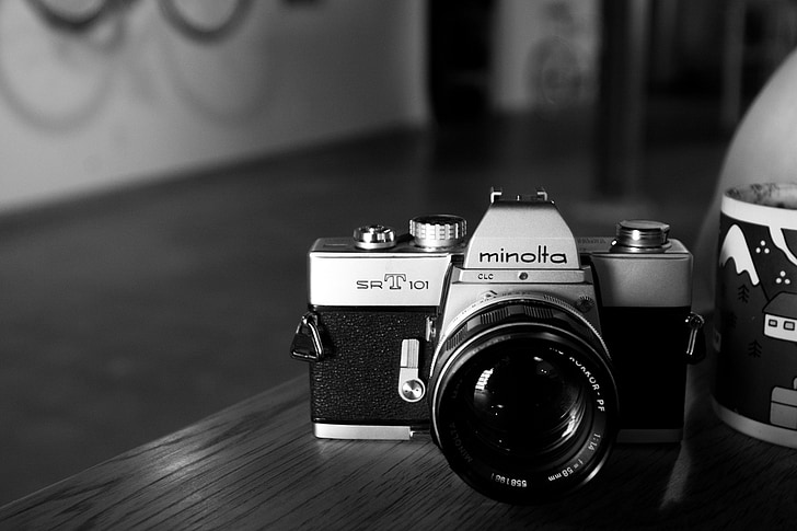 Minolta, kamera, fotografi, lensa, SLR, hitam dan putih, kamera - peralatan fotografi
