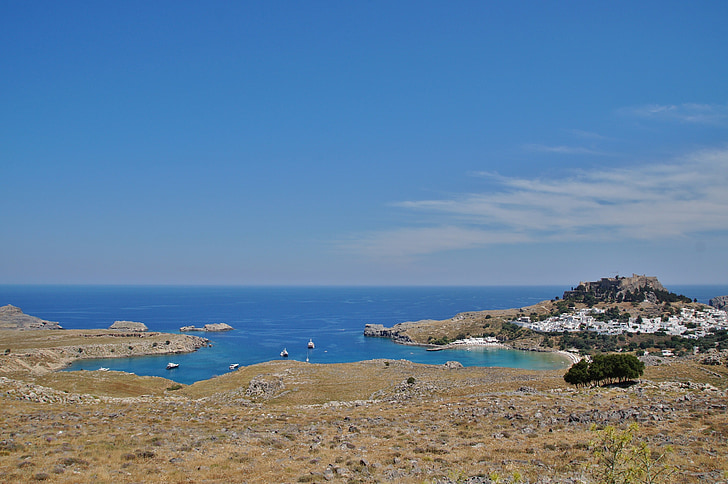 Řecko, Rodos, Lindos, staré město, Bay, přístav, stěny