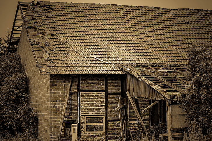 old house, barn, field barn, roof, broken roof, tile, home