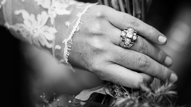 zwart-wit, bruid, hand, sieraden, huwelijk, ring, trouwring