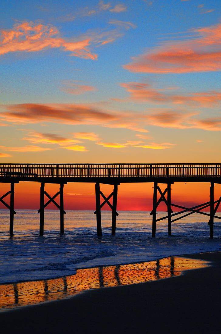 sunset, beach, pier, orange color, sky, bridge - man made structure, silhouette