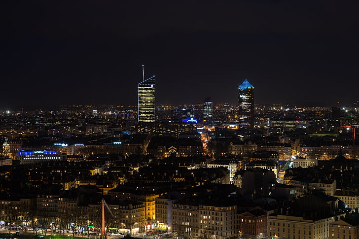 Lyon, Francja, Miasto, noc, Architektura