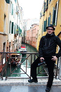 Turisme, home, barret, Venècia, fotògraf, fluvial