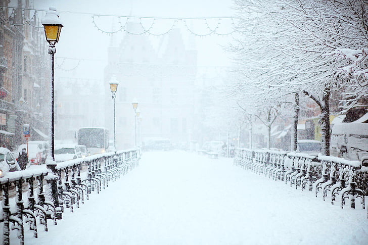 mini, mesto, v bližini:, stolp, sneg, pozimi, bela