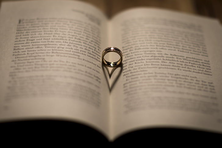 vjenčanje, knjiga, prsten, sjena, vjenčani prsten, srce, čitanje