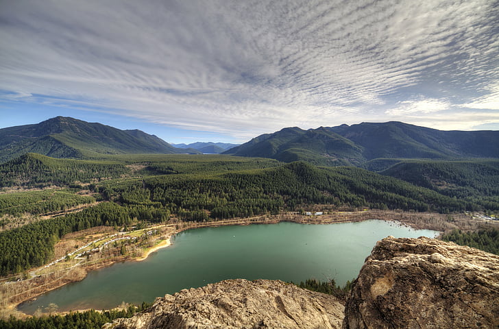 clouds, lake, landscape, mountains, nature, rocks, scenic