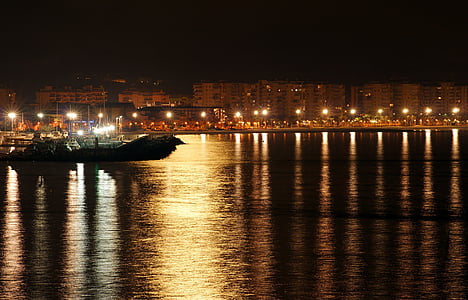 Porto, Enseada, mar, à noite, água, barco, foco