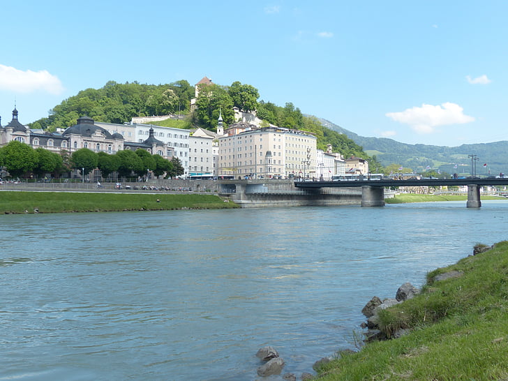 Salzburg, Neustadt, Salzach, makartsteg, híd, gyalogos híd, kerékpáros híd