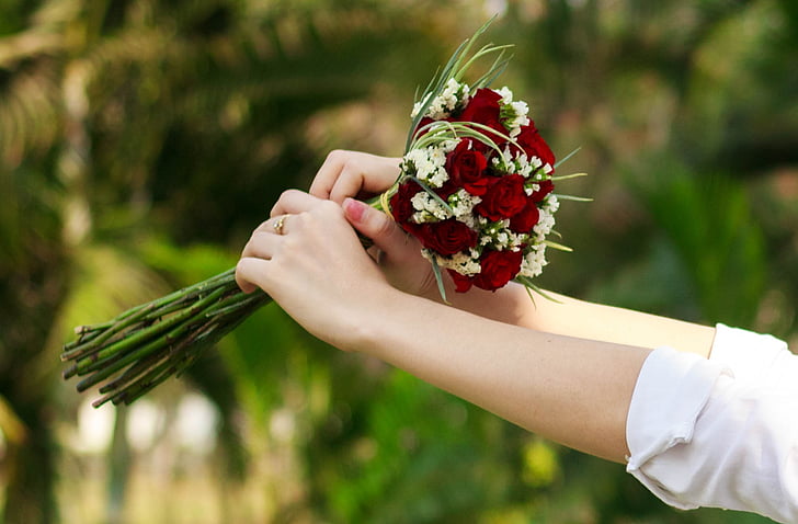 floare, mână, femeie, buchet, florale, moda, alb