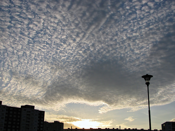 cirrus, clouds, sunset, sundown, sky, cirrocumulus, street lamp