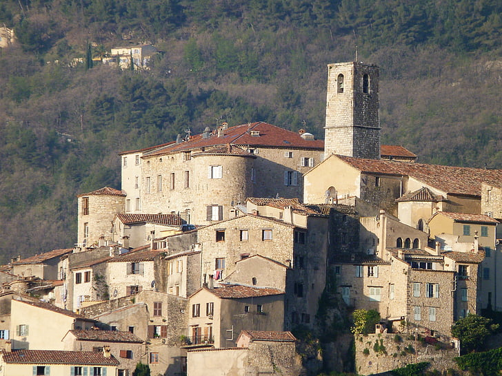 paisagem, vila velha, Provence, Alpes maritimes, França, casas, agrupados