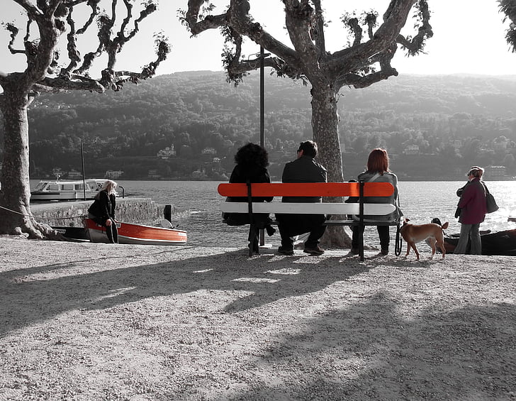 lake, bench, lake front, people, outdoors, sitting, men