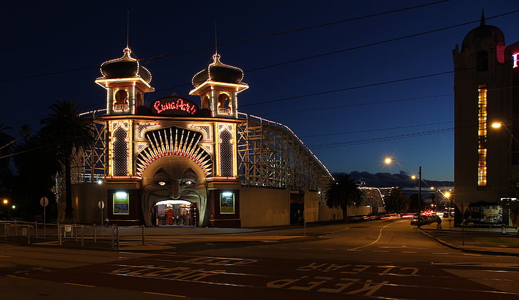 Melbourne, St kilda, Luna park, park rozrywki, noc, Roller coaster, Australia