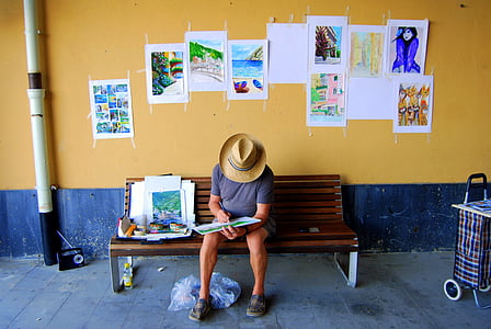 street performer, painter, bench, painting, paintings, drawing, colors