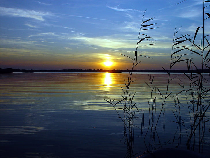 jazero, západ slnka, Prímorská krajina, reflexie, Romance, večer, Príroda