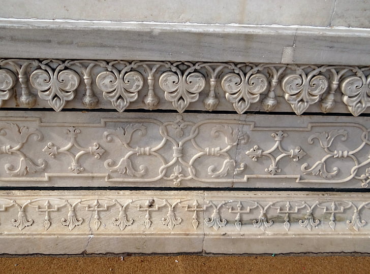 Taj mahal, Base, hjælpearbejde, Floral relief, hvid marmor, Agra, Indien