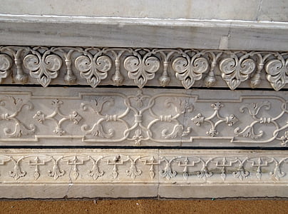 Taj mahal, Basis, Hilfsarbeit, floralen relief, weißem Marmor, Agra, Indien
