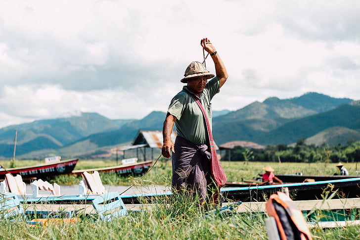 boats, fisherman, grass, man, outdoors, rural, people