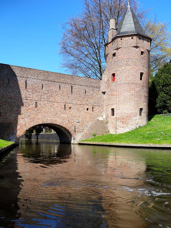 Amersfoort, Holland, Bridge, Tower, bygning, arkitektur, floden