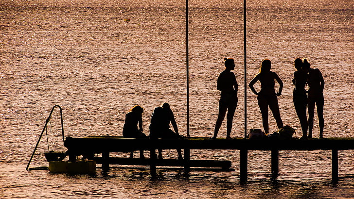 shadows, people, afternoon, jetty, beach, silhouette, leisure