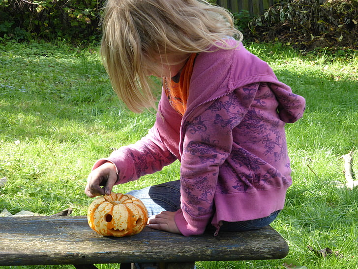 girl, play, pumpkin, children, tinker, halloween, autumn