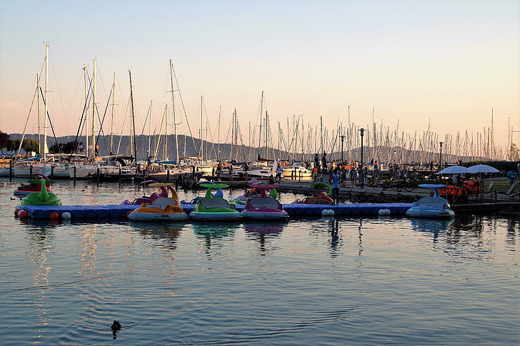 hamn, Marina, Yacht, segelbåt, kvällen, sjön, Balaton