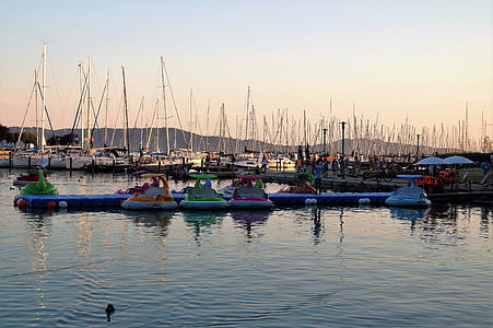 hamn, Marina, Yacht, segelbåt, kvällen, sjön, Balaton