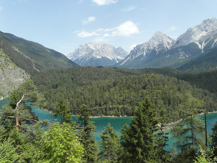 алпийски, планини, влак посочи изглед, пейзаж, панорама, Австрия, Zugspitze