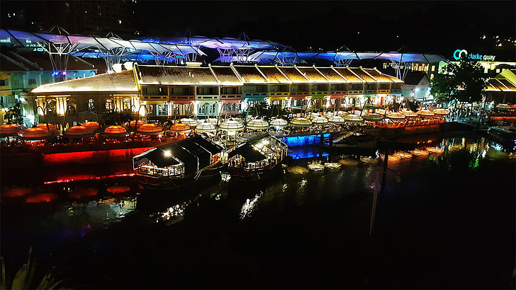 riverside, clarke quay, singapore, night life, river, night, travel