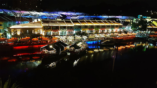 Riverside, Clarke quay, Singapur, Nočný život, rieka, noc, Cestovanie