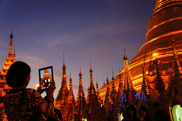 Shwedagon pagoda, gylden, iPad, fotografi, Pagoda, Turistinformasjon
