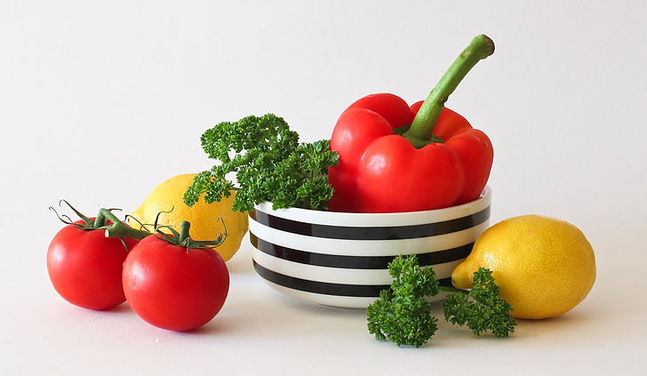 toidu, värske, koostisosad, sidrunid, tomatid, köögiviljad, taimne