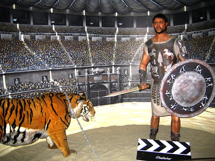 Gladiator, Colosseum, gladiaattoritaistelu, taistelu kohtaus, Roomalainen alue, Arena, vaha luvut