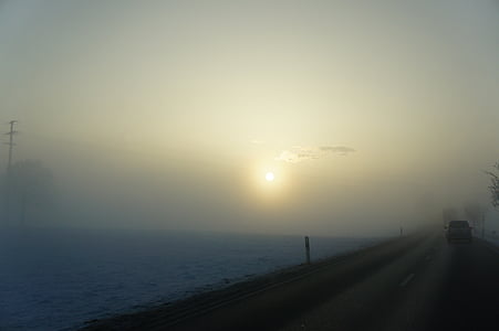 morning sun, road, mood, grey, winter, winter sun, sun