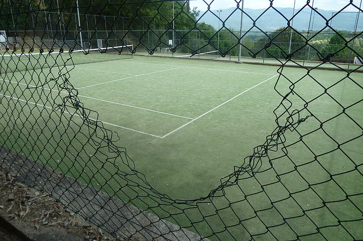 tennis court, tennis, green, broken, hole