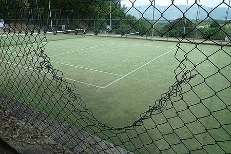 Sân tennis, quần vợt, màu xanh lá cây, bị hỏng, lỗ