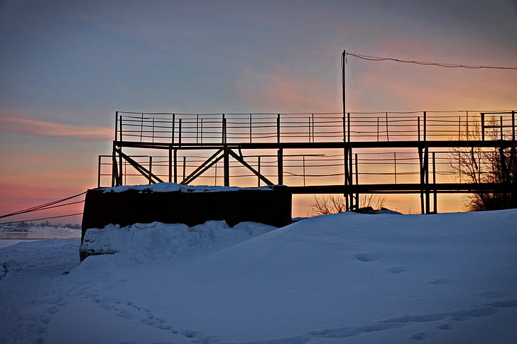 zachód słońca, zimowe, Most