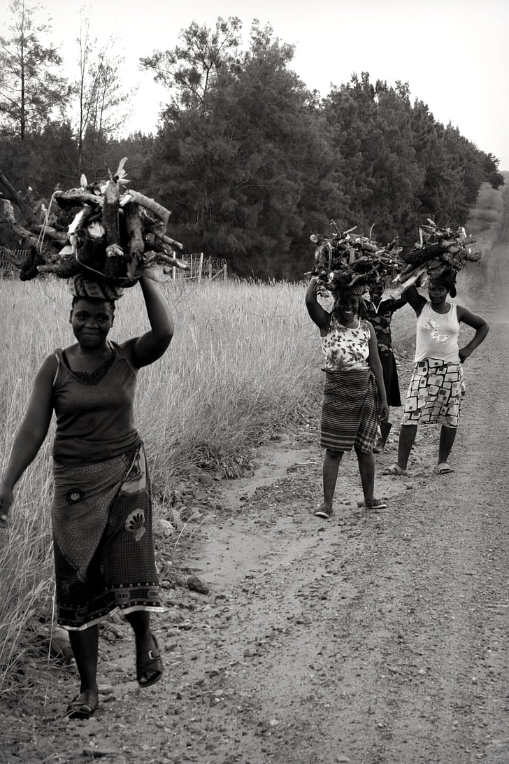 Afrika, Južná Afrika, africké ženy, ženy vykonávajúce drevo, palivové drevo, čierna a biela, ľudia