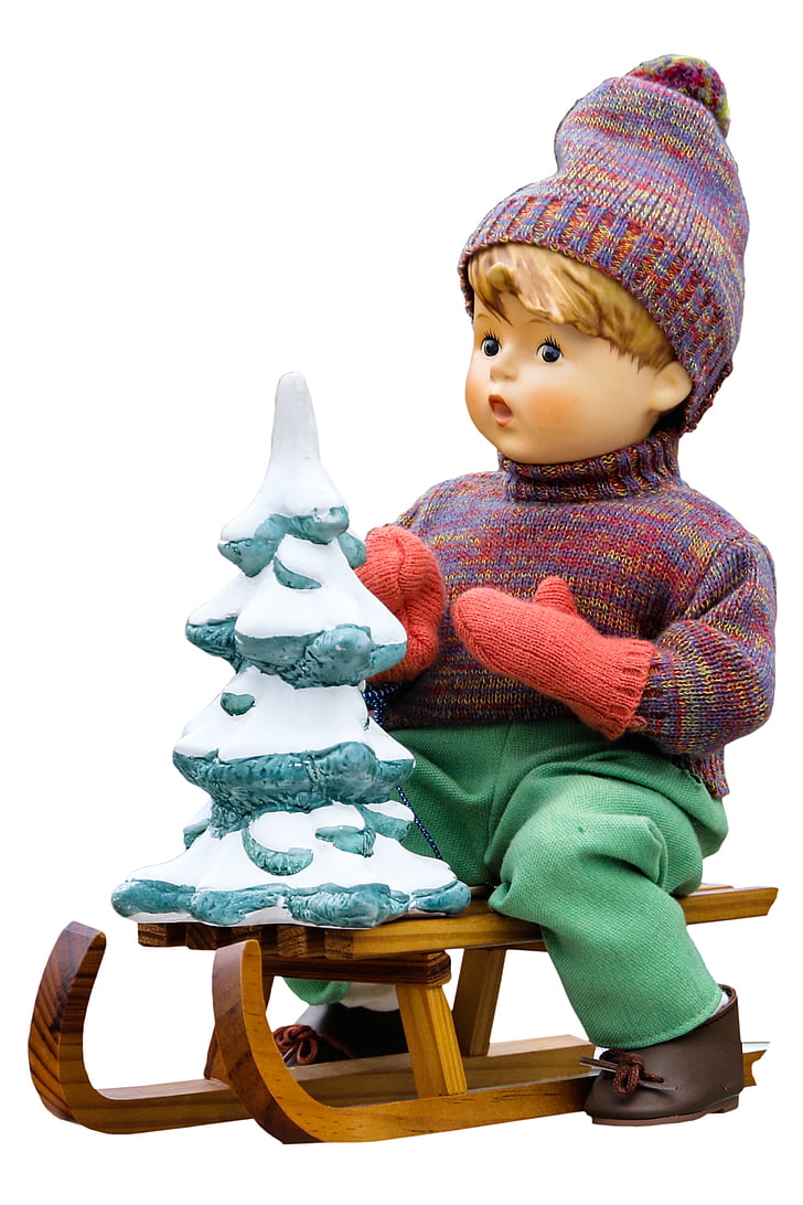 Slide, docka, porslin docka, julgran, slädtur, snö, trä släde