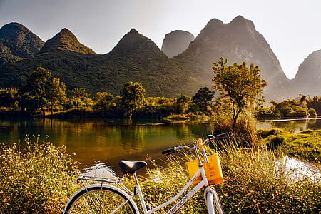 Ķīna, ainava, saullēkts, kalni, veidošanās, velosipēdu, ceļojumi