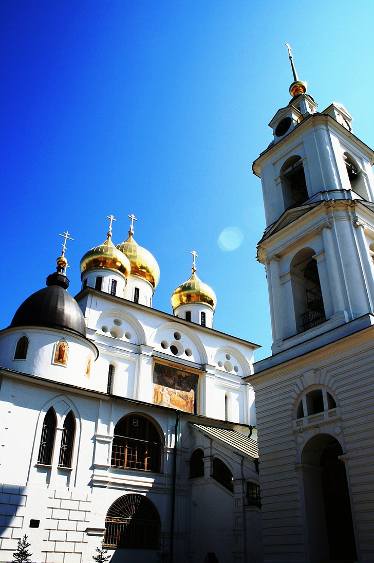 cathedral, church, white, building, golden domes, onion black domes, religion